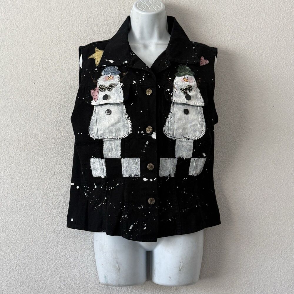 Vtg USIX Ugly Christmas Vest XL USA Black Denim Splatter Painted Snowman Granny